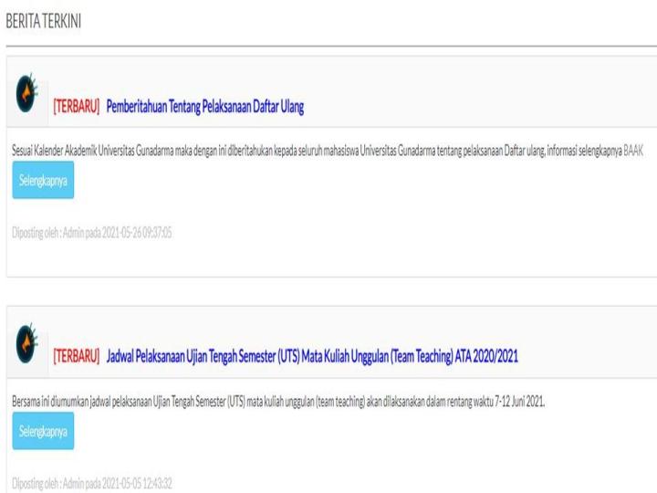 Contoh info kegiatan kampus di Studentsite Gunadarma